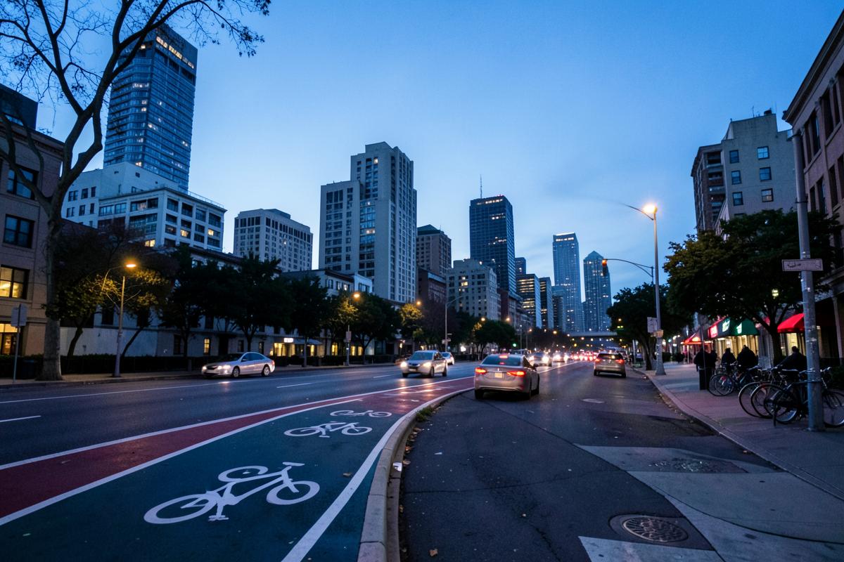 A city street at dusk with a marked bike lane, light traffic and tall buildings behind