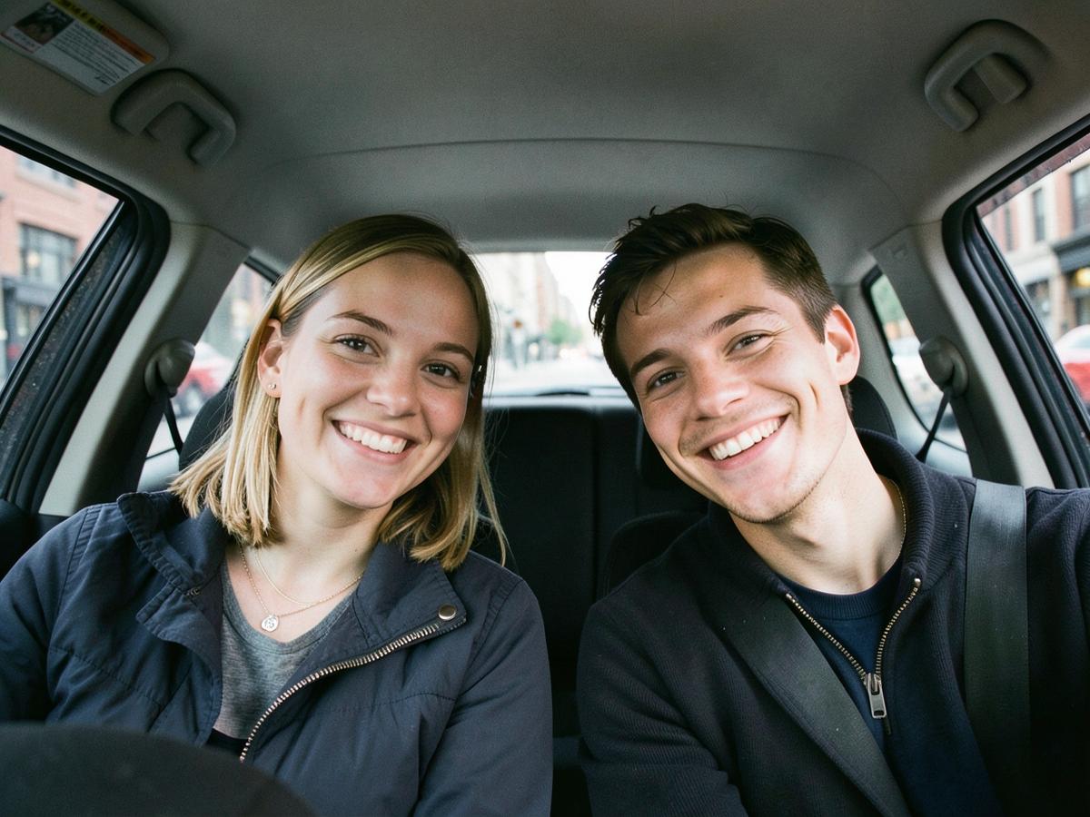 Two friends smiling side by side in the back of a small car on a city street